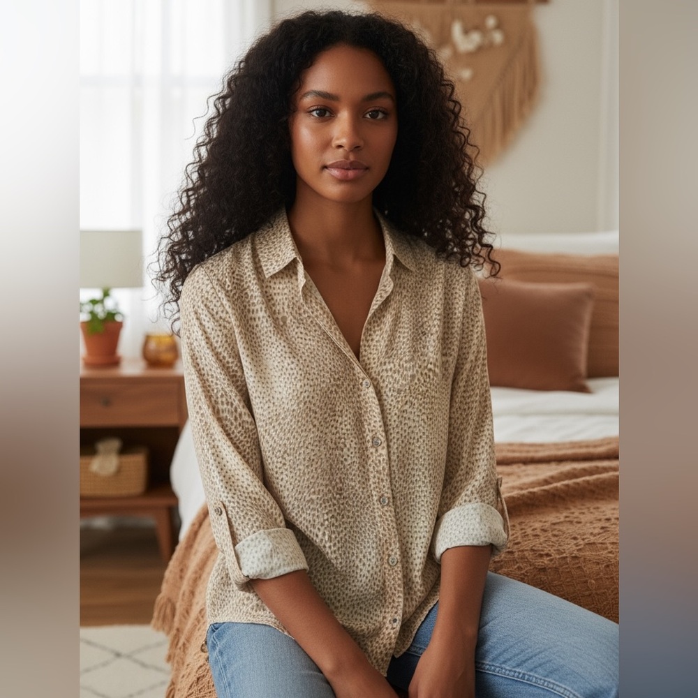 HAVE Animal Print V-neck Blouse with Roll-Tab Sleeves